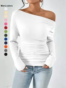 Women's Plain Ruched Asymmetrical Neck Tee, Casual Fashion Soft Drop Shoulder Long Sleeve T-shirt for Spring & Fall, Women's Top for Dating Daily Wear