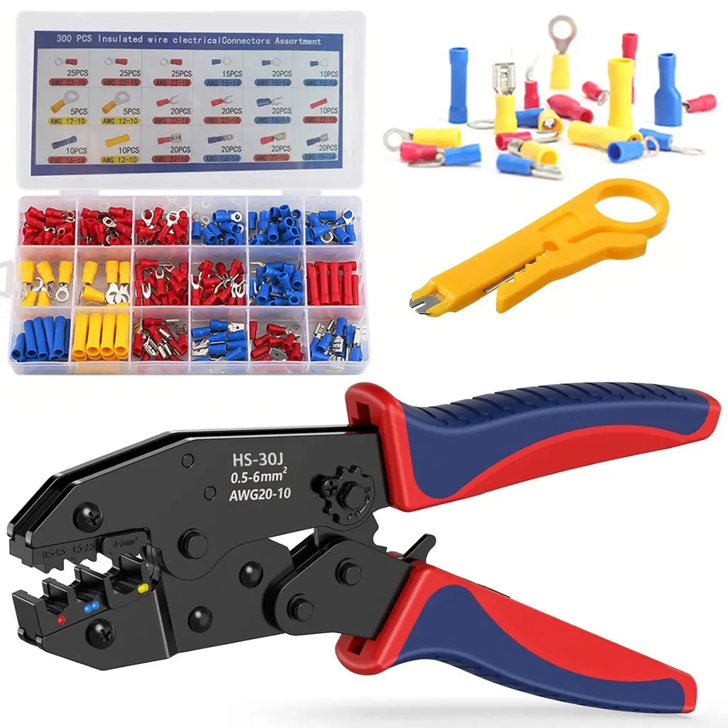 Crimping Tool for Heat Shrink Connectors AWG20-10, Ratcheting Wire Terminal Crimper &300 pcs Mixed Quick Disconnect Connector - Electrical Crimping Tool Wire Crimper Cutter DIY Tool Hand Tools