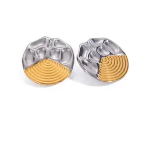 Eclipse Fusion Two-Tone Hammered 18K Gold & Silver Mixed-Statement Studs 316L Stainless Steel Hypoallergenic Metal Earrings 3.17cm