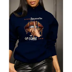 Women's Loose Long Sleeve Winter Hoodie Sweatshirt - Creative Letter Print, Adjustable Drawstring, Machine Washable Fabric Garments, 6 Colors Available