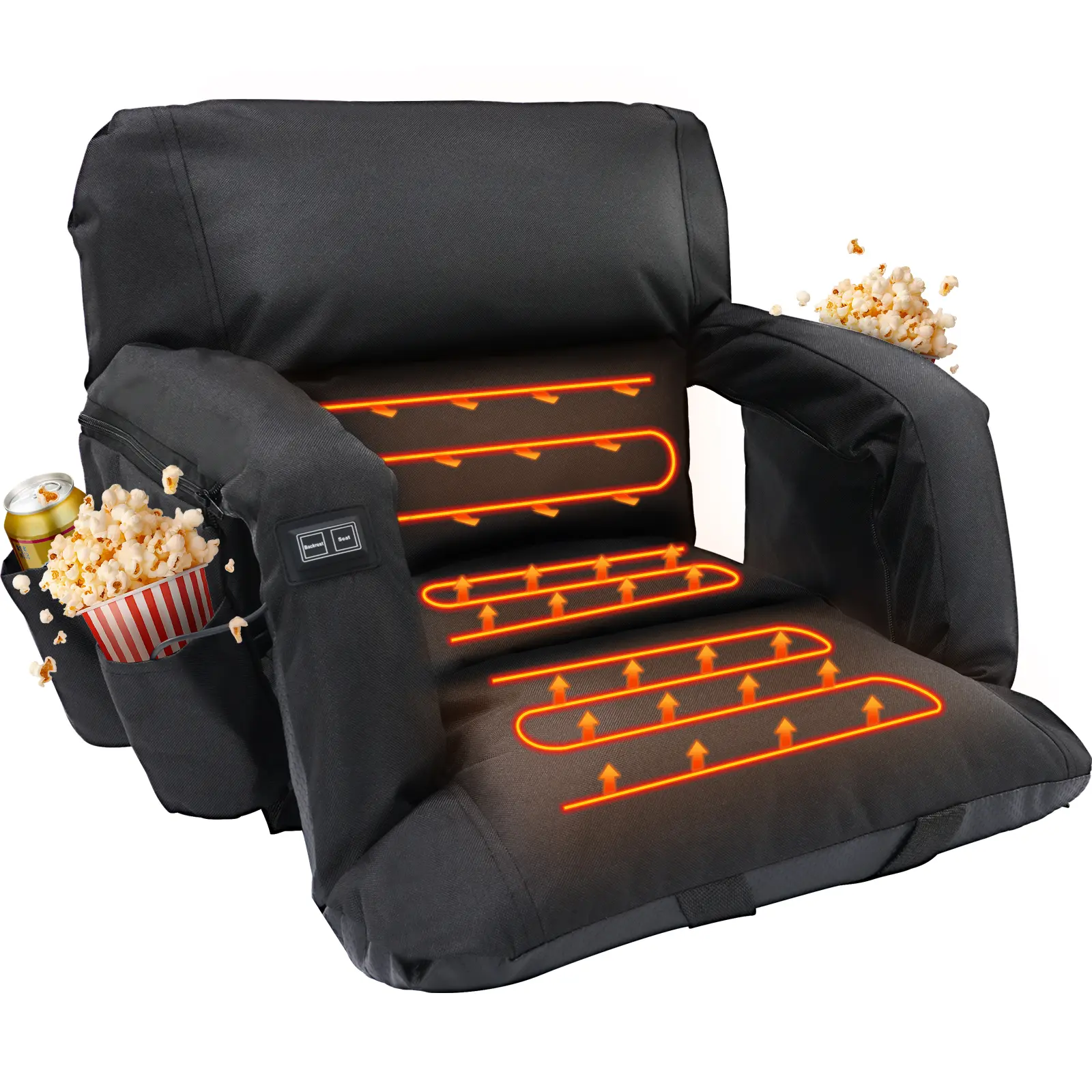 Naudacaa Weatherproof Heated Stadium Seat with Back Support, Wide Foam Cushion, USB Powered 3-Level Heating Zones, 6 Reclining Positions, Armrests, Multiple Pockets, Lightweight Foldable Oxford Outdoor Sports Seat (Power Bank Not Included)