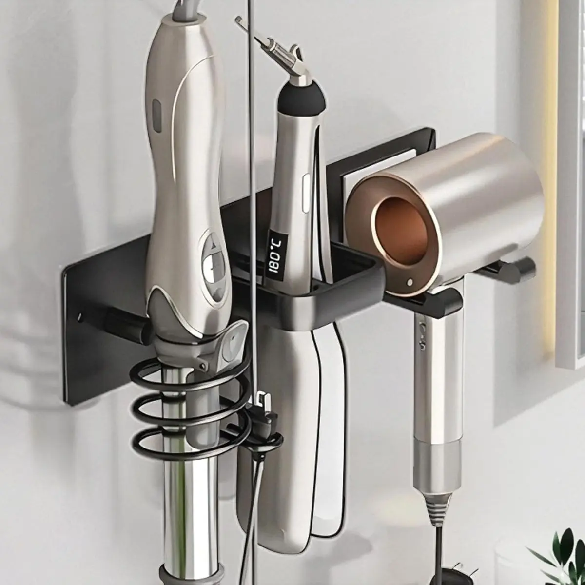 3-in-1 Wall Mounted Hair Tool Holder – Hair Dryer, Curling Iron & Straightener Organizer