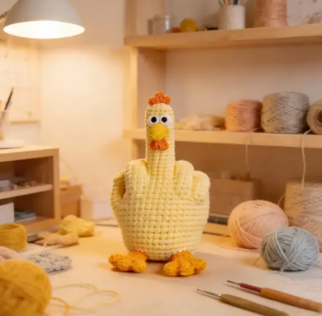 Handmade Crochet Middle Finger Chicken Plush | Funny Desk Buddy | Novelty Gag Gift