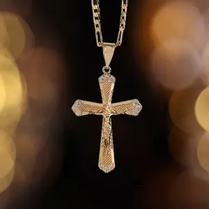 1pc European & American Style 14K Gold Plated Cross Pendant Necklace With Zirconia Stone Layered Design, Suitable Gift For Mother, Couples, Friends And Believers To Wear Everday Or For Festivals To Pray