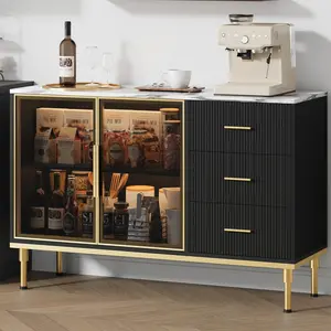 Black Fluted Sideboard Buffet Cabinet with Glass Doors, 3 Drawers, Marble Top - Storage Organization Indoor Dining Room, Living Room Furniture