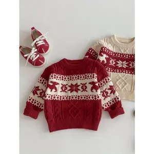 Boys' Winter Knit Sweater - Warm Beige & Red Christmas Sweater Jacket, Long Sleeve Round Neck Pullover for Toddler & Little Boys, Machine Washable Cozy Casual Winter Outfits for & Family Gatherings(Gift)11