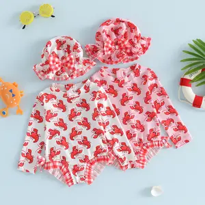 Toddler Baby Girls Rash Guard Swimsuit with Hat 2 Pcs Set Lobster Print Plaid Ruffled Trim Long Sleeve Swimwears