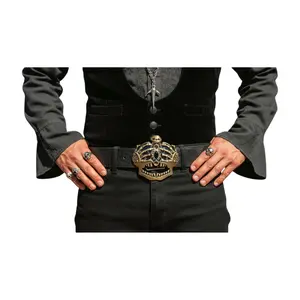 NEW Halloween Costume Skull Belt Buckle Antique Gold Skeleton Hands Crown Unisex Novelty Western Punk Buckle Fits 1.5 Belts 4 x 4 Biker Accessory Rocker Punk Style Gothic Fashion