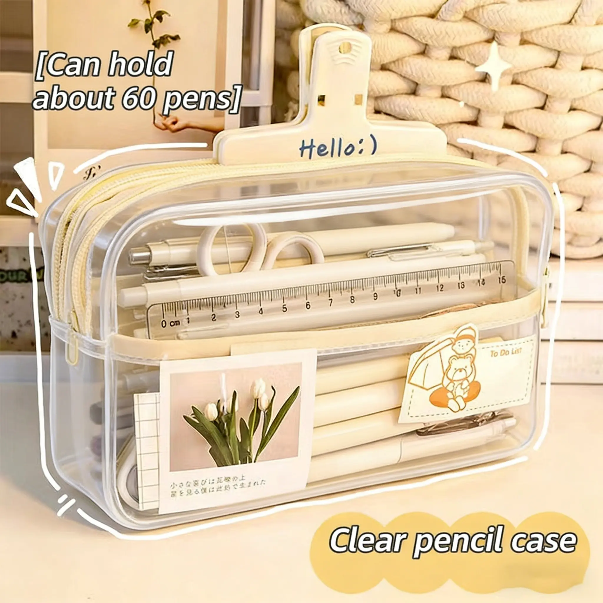 Transparent Multi-Compartment Large Pencil Case, Includes Magnetic Clip, Organize Stationery, School Classroom Supplies, Office Supplies & Small Makeup Tools, Portable, Multiple Colors