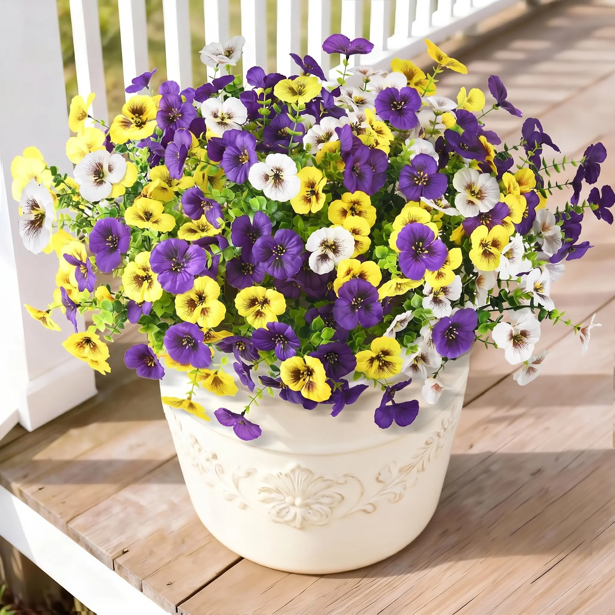 Chessie 4Pcs UV-Resistant Silk-Like Faux Pansy Artificial Flowers Bundle, High-Density Weatherproof Decor for Casual Home, Front Door Planter Use, Universal