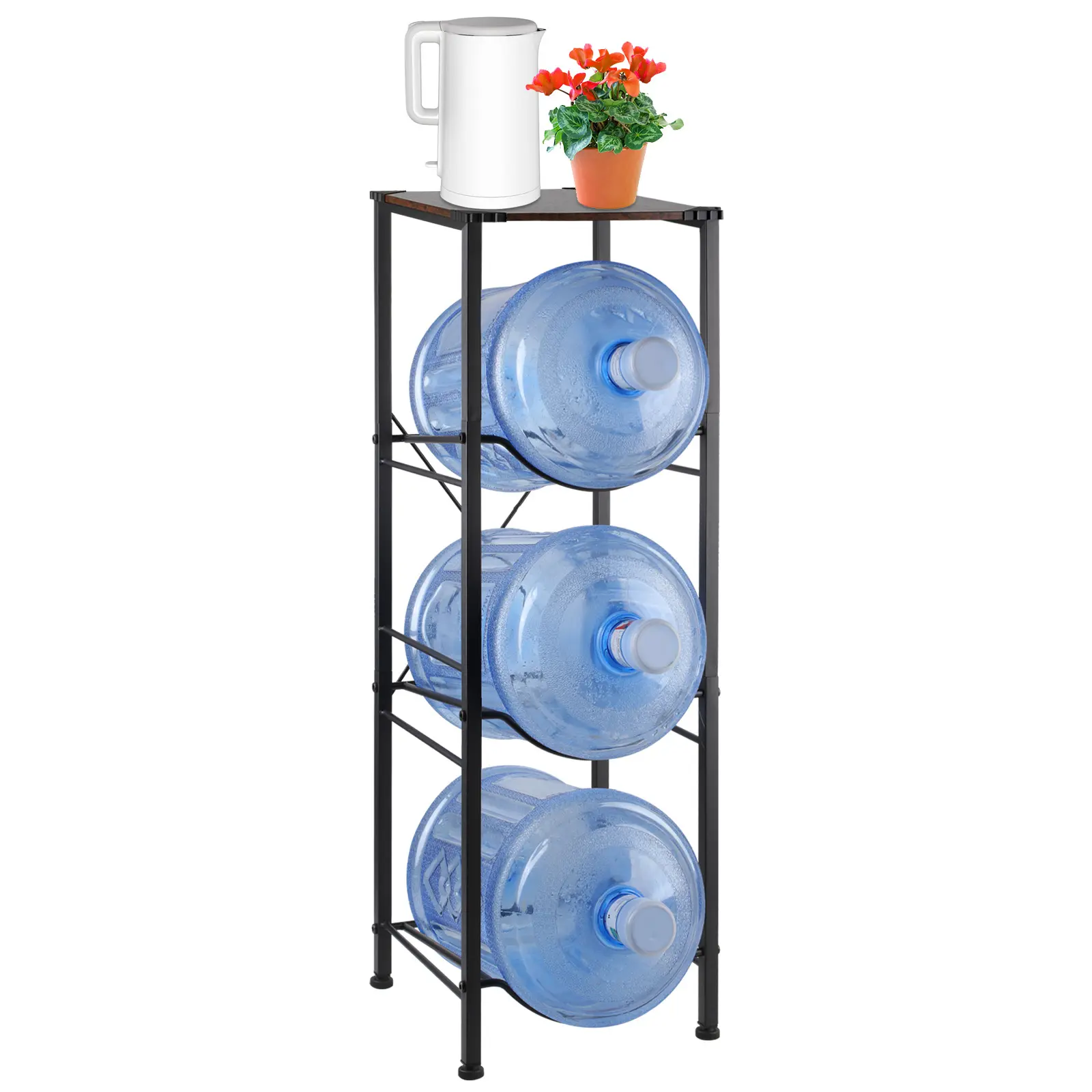 Water Bottle Holder Organizer 5 Gallon Water Jug Storage Stand, 3-Tier Water Jug Rack  with Top Storage Shelf for Office, Kitchen, Living Room, Lobby - Black