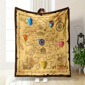 Vintage Pirate Treasure Map Blanket, Restoring the Texture of Yellowed Parchment, Clearly Marking Black Island, Pirate Island and Caribbean Sea Area, Connecting Treasure Chests, Mountains, Temples a