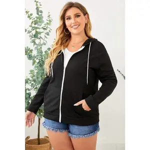Plus Size Zip Up Hooded Jacket with Pocket