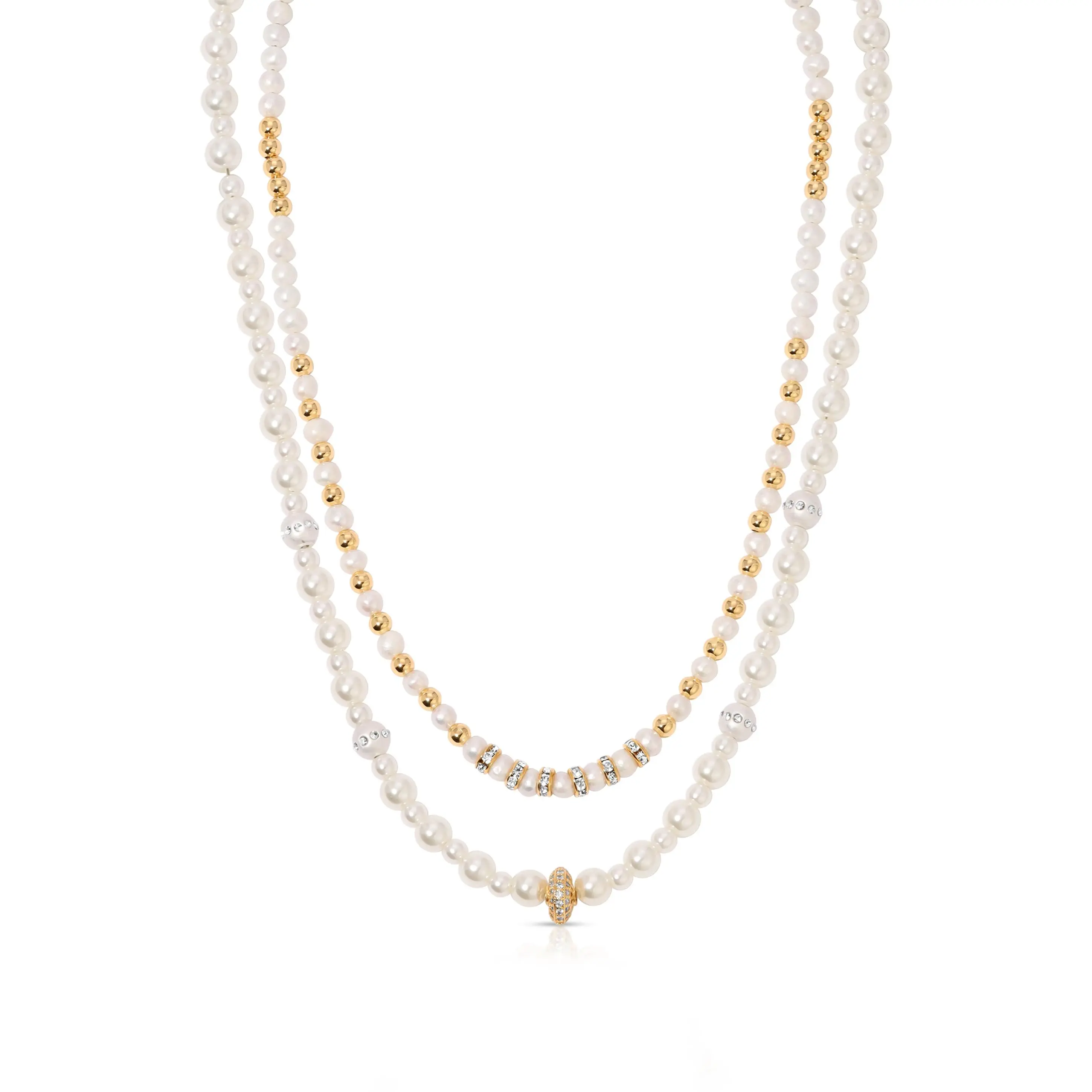 Pearls Double Sparkle Beaded Necklace Set – 18K Gold Plated Double Necklace with Freshwater Pearls & Cubic Zirconia | Stackable Beaded Jewelry for Women