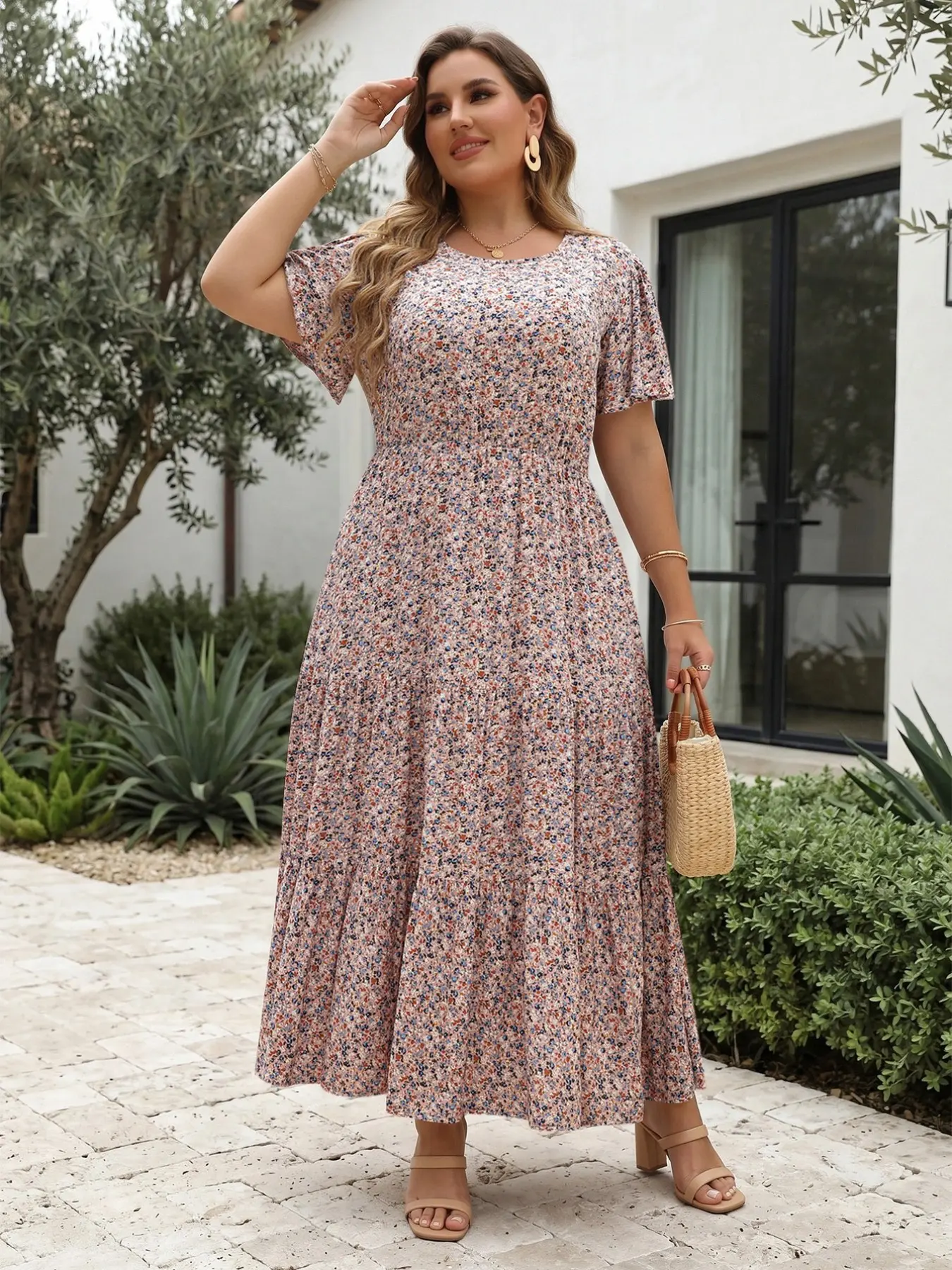 Women's Plus Size Round Neck Ditsy Floral Print Pocket Ruffle Hem A Line Dress, Summer Clothes Women, Boho Casual Butterfly Sleeve Long Dress, Women's Clothes For Holiday Vacation, Summer Casual Wear, Womenswear