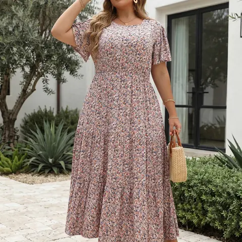 Women's Plus Size Round Neck Ditsy Floral Print Pocket Ruffle Hem A-Line Dress, Summer Clothes, Boho Casual Butterfly Sleeve Long Dress, Women's Clothes for Holiday Vacation, Summer Casual Wear, Everyday