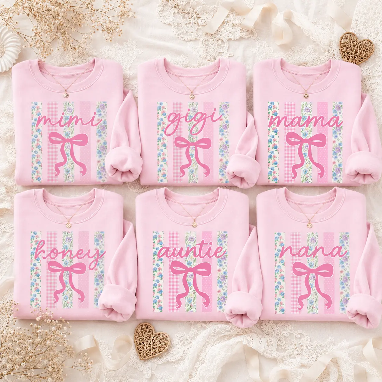 Personalized Grandma Mom Gift for Women, Custom Mimi Gigi Mama Honey Auntie Nana Sweatshirt, Floral Bow Family Crewneck, Coquette Pink Shirt, Cute Mother's Day Spring Sweatshirt -DPCLICK