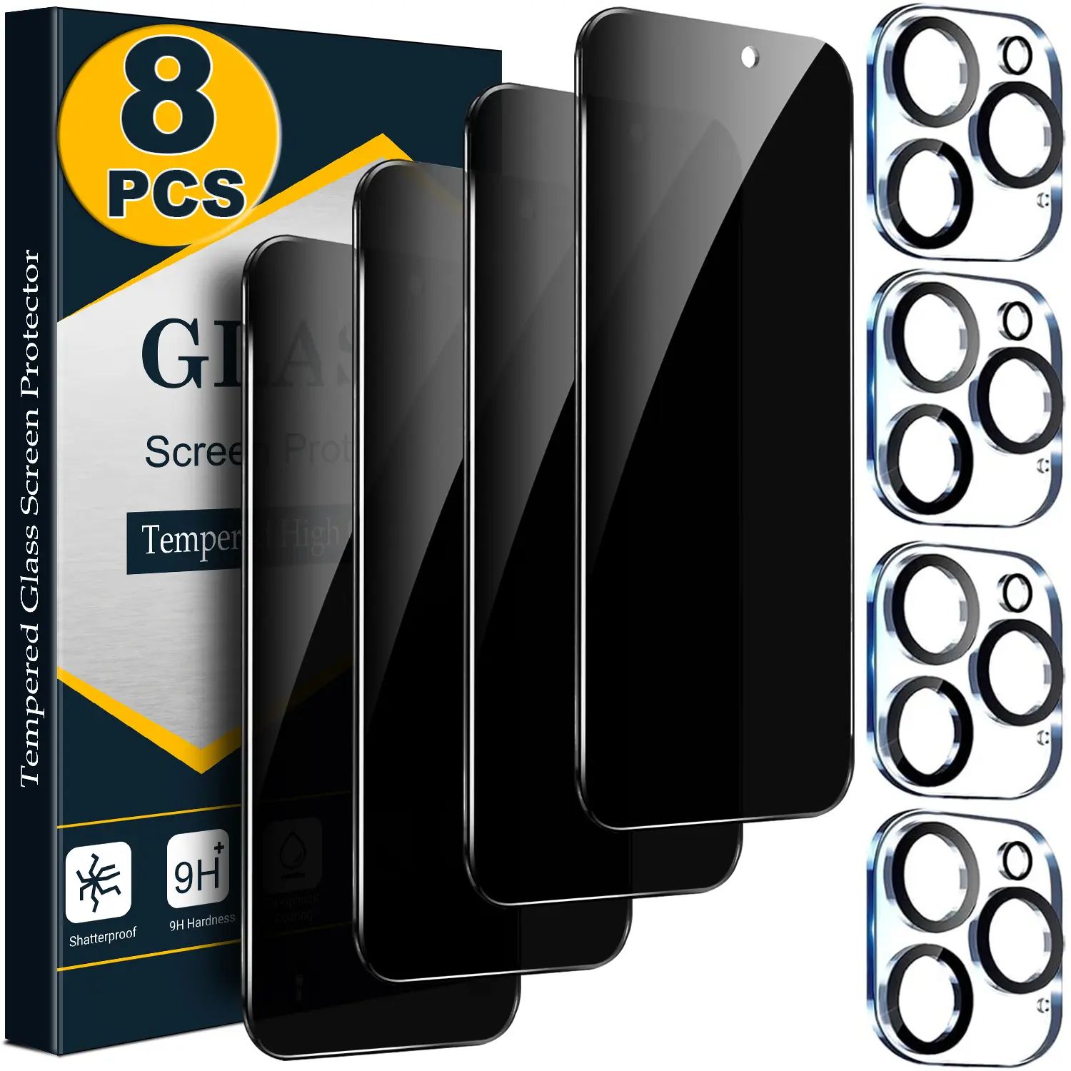 [8 PCS Set] 4 Privacy Screen Protectors with 4 Camera Lens Protectors for iPhone 17 16 15 14 13 12 11 Pro Max, Anti Spy 9H Tempered Glass, Bubble Free, Case Friendly