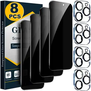 [8 PCS Set] 4 Privacy Screen Protectors with 4 Camera Lens Protectors for iPhone 17 16 15 14 13 12 11 Pro Max, Anti Spy 9H Tempered Glass, Bubble Free, Case Friendly
