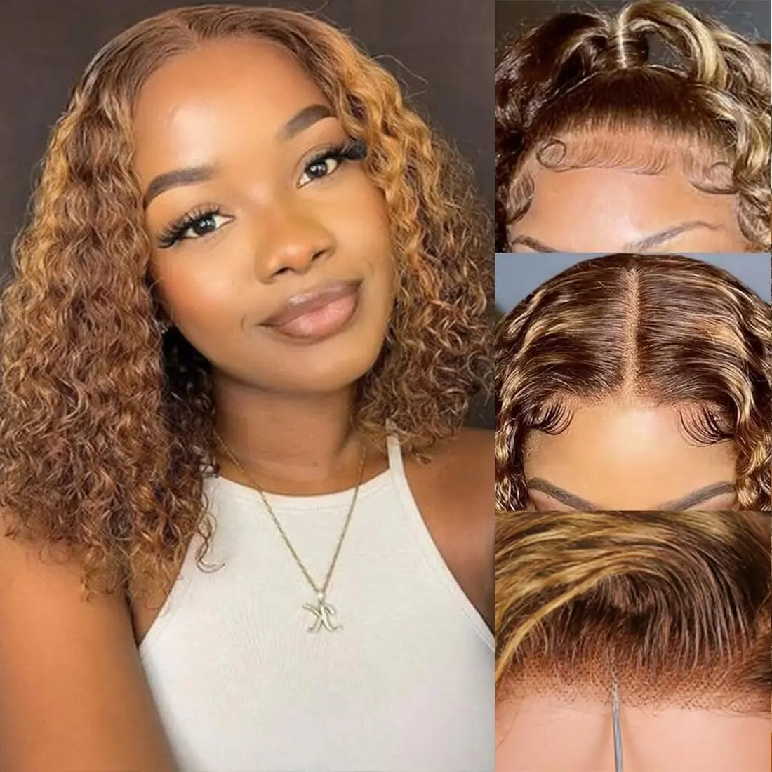 Curly Bob Wig Human Hair Jerry Curly 13x4 HD Lace Front Wigs For Black Women Human Hair Pre Plucked Wear And Go Glueless Short Wet And Wavy Ombre Honey Blonde Highlight Color 4/27 #Vacation Ready