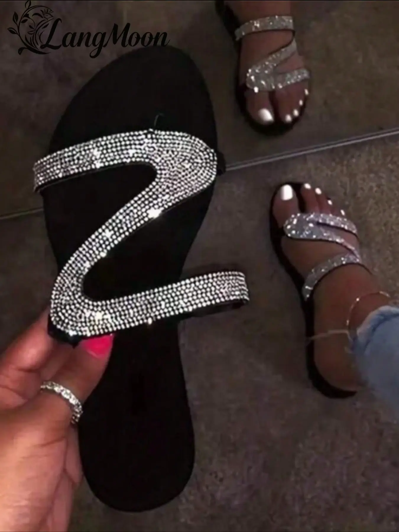 Langmoon 2026 Women's Fashion Crystal Slides Slippers with Rhinestone Details, PU Leather & Rubber Sole, Comfortable and Versatile Holiday Footwear