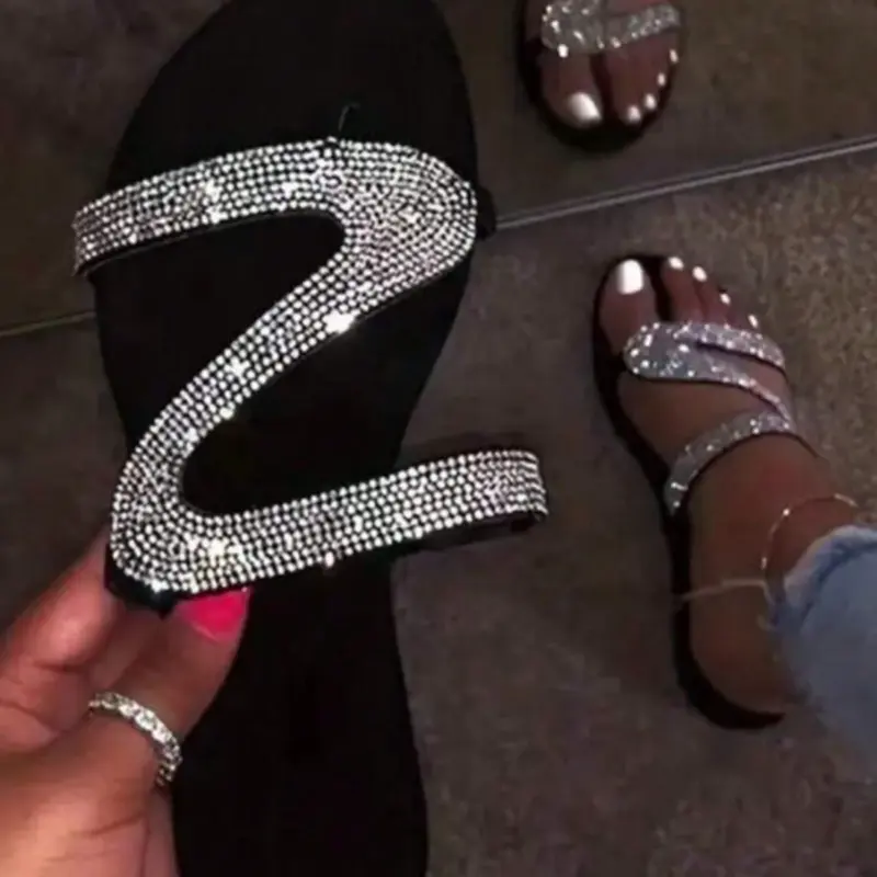 Langmoon 2026 Women's Fashion Crystal Slides Slippers with Rhinestone Details, PU Leather & Rubber Sole, Comfortable and Versatile Holiday Footwear