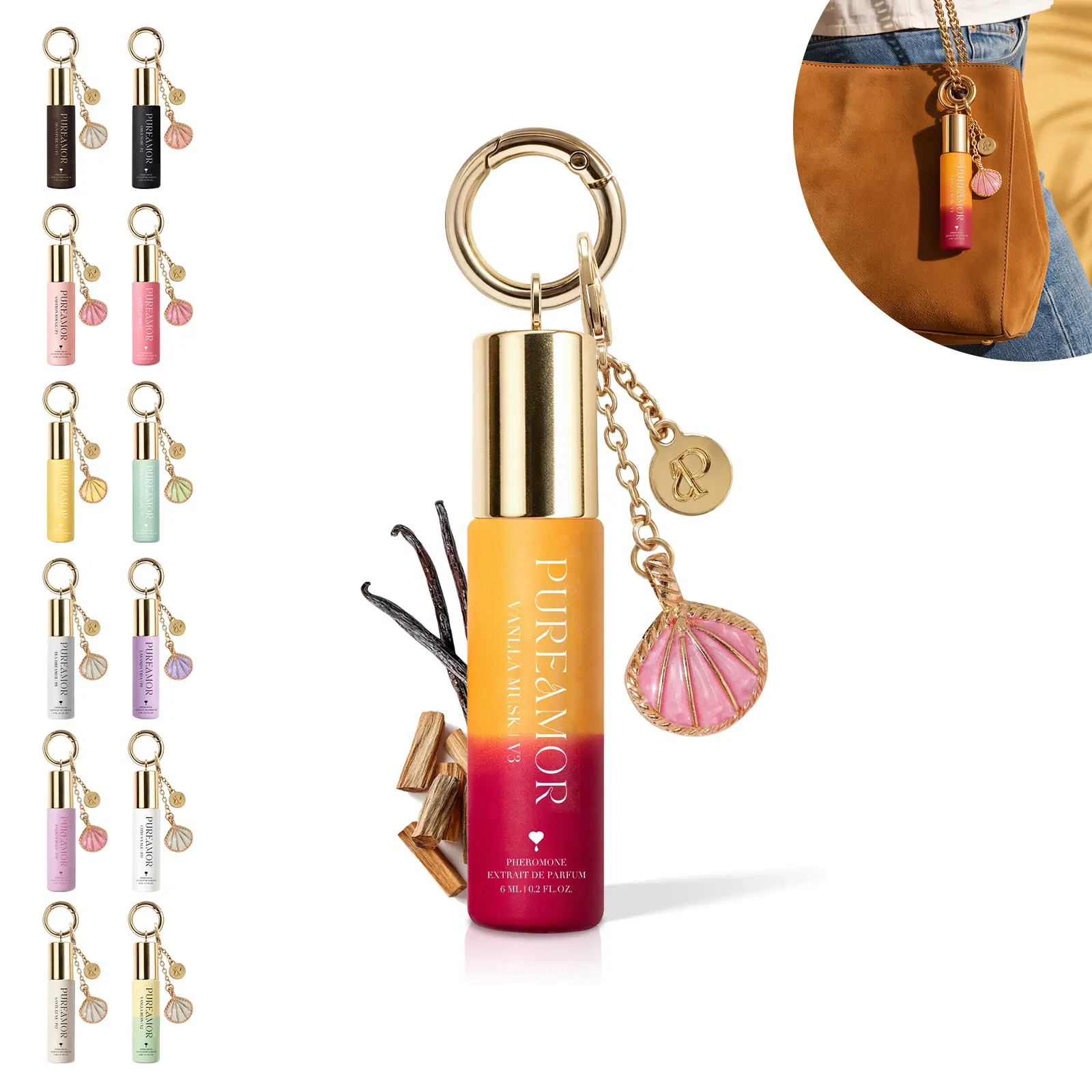 PureAmor Keychain Pheromone Perfume (6ml) - 8+ Hour Long Lasting, Designer Inspired Fragrance, Choose From 13 Scents: Floral, Woody & Sweet, Pocket Fragrance - California Clean Fragrance
