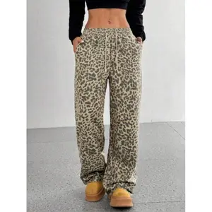 Vintage High-Waisted Leopard Print Wide Leg Pants, Street Style Fashion Slimming Drapey Long Pants, Lazy Girl Personalized Wide Leg Jeans