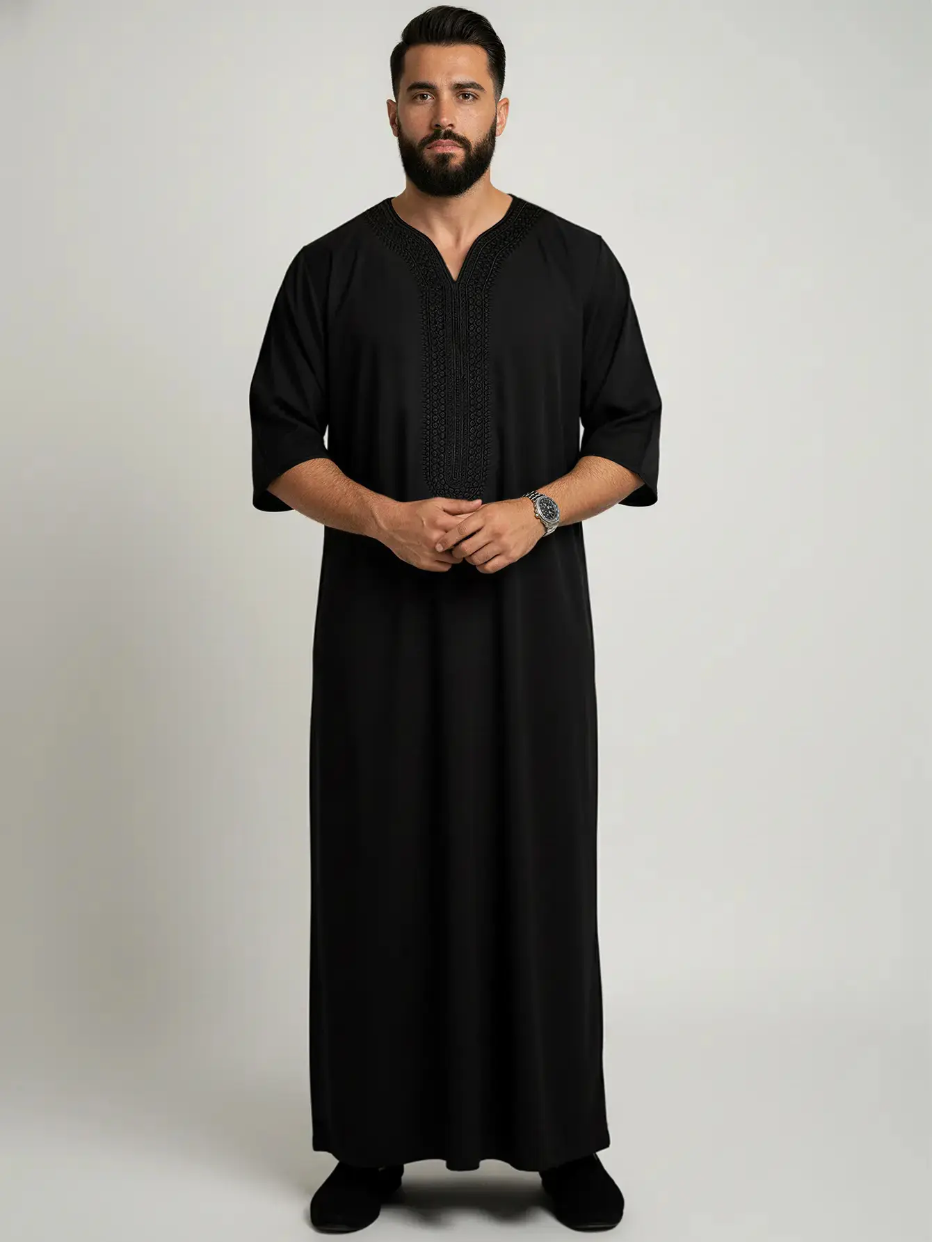 Men's Moroccan Thobe, Casual Embroidery Kaftan with Pocket, Traditional Muslim Robe for Eid & Everyday Wear Rich Black Color, trendy style, must have item, wardrobe staple, essential piece, wardrobe essential