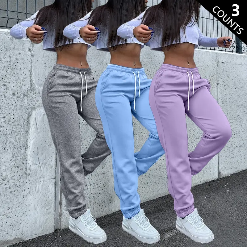 Pack of 3 women’s fashion casual solid-color lightweight breathable jogger pants with stretch, drawstring waist, and large pockets—suitable for sports, streetwear, everyday wear, etc. Pack of 3 women’s fashion casual solid-color lightweight breathable jogger pants with stretch, drawstring waist, and large pockets—suitable for sports, streetwear, everyday wear, etc.