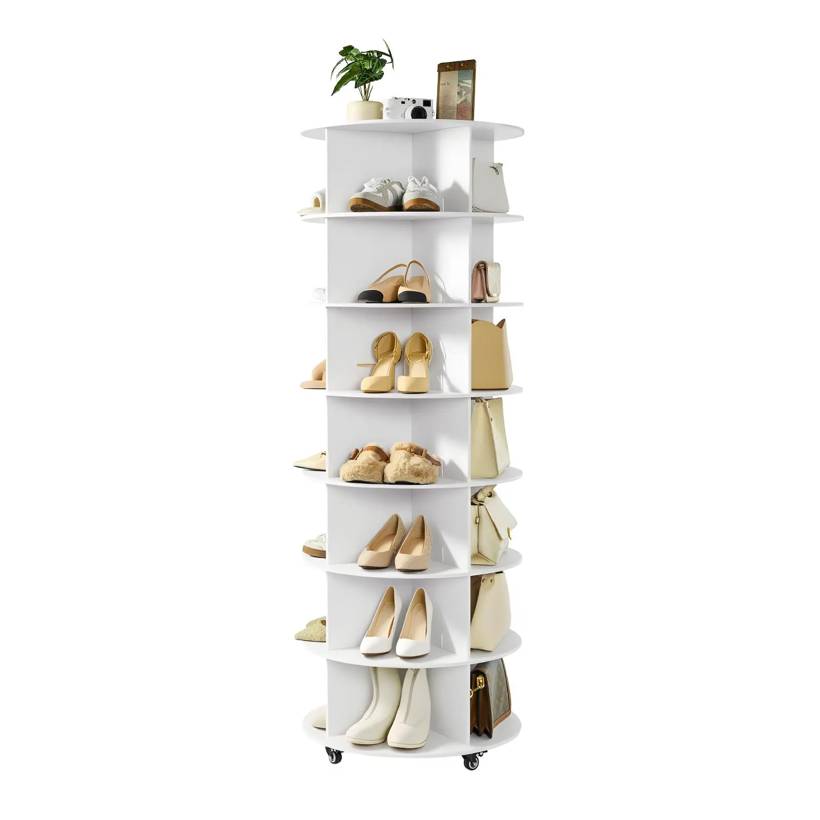 【summerfinds】VEVOR 7-Tier 360° Rotating Shoe Rack Vertical Tower with Wheels, Movable Lazy Susan Organizer, 21 cm Inner Height, Holds 28 Pairs of Shoes, 35 lbs Per Tier, Assembly Required, Closet Shelf for Living Room, Entryway, White, Small Room Organiza