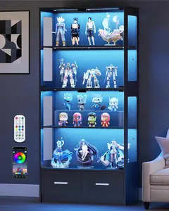 Display Cabinet with Glass Doors - 67" Curio Cabinet for Collectibles with RGB LED Lights and 2 Drawers, 4 Tier Glass Display Case for Living Room, Office