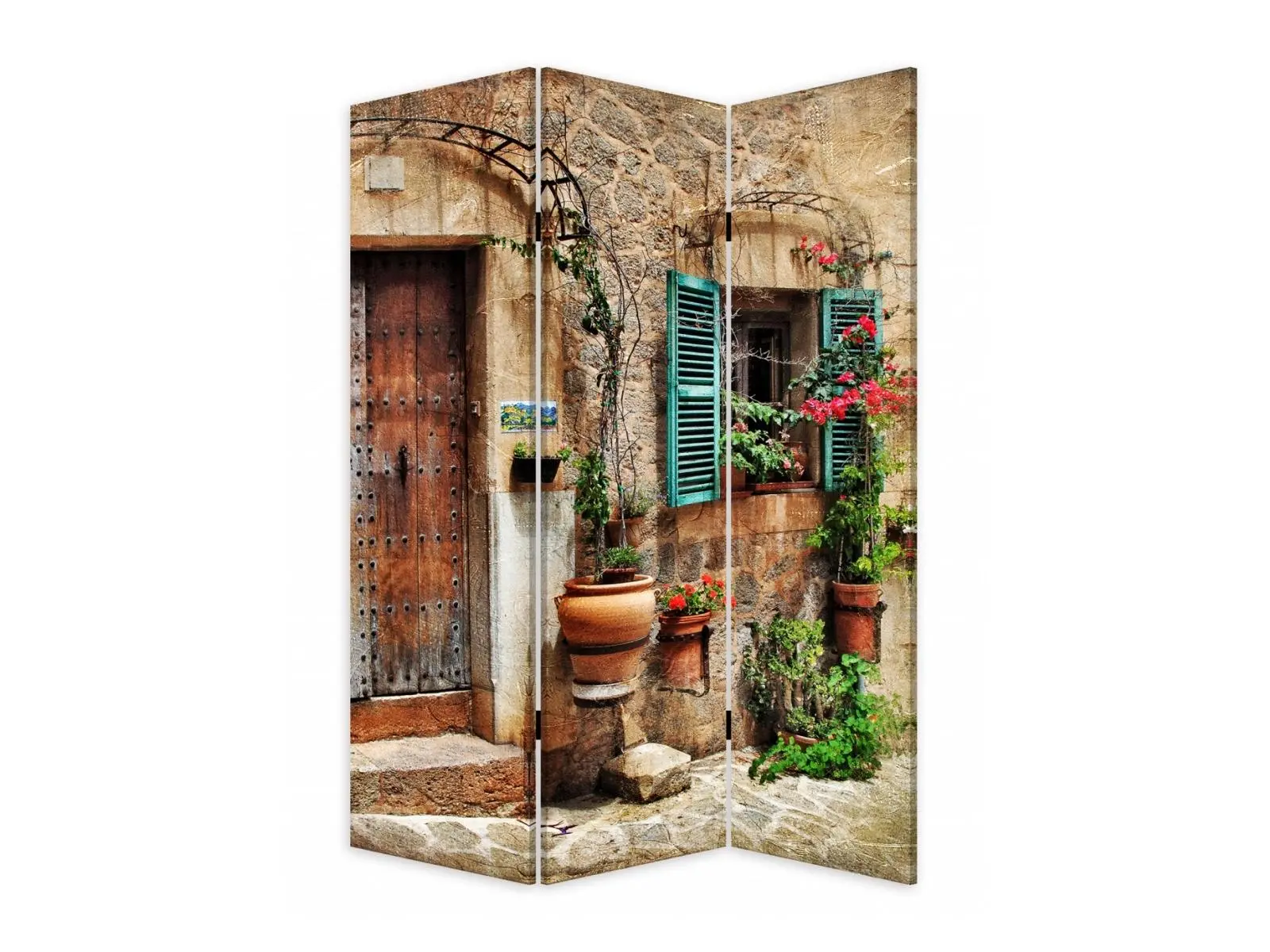 212 MAIN 3-Panel Double-Sided Wood Frame Room Divider, Romantic European Street Housefront Art Foldable Multi-Color Decorative Indoor Furniture Room Dividers, Three-Panel