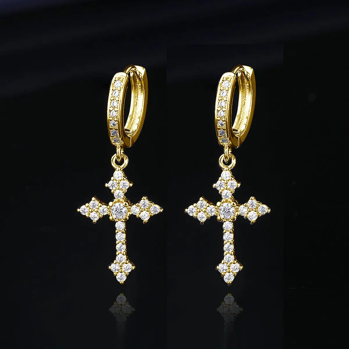 Gold Plated Cross Hoop Earrings, 2 Pair Set of High Quality Unisex Dangle Spiritual Jewelry for Adults with Cubic Zirconia, Hypoallergenic, Earrings For Women, Daily Wear, Nickel-Free, High-Gloss, Lifetime High-Gloss Coating