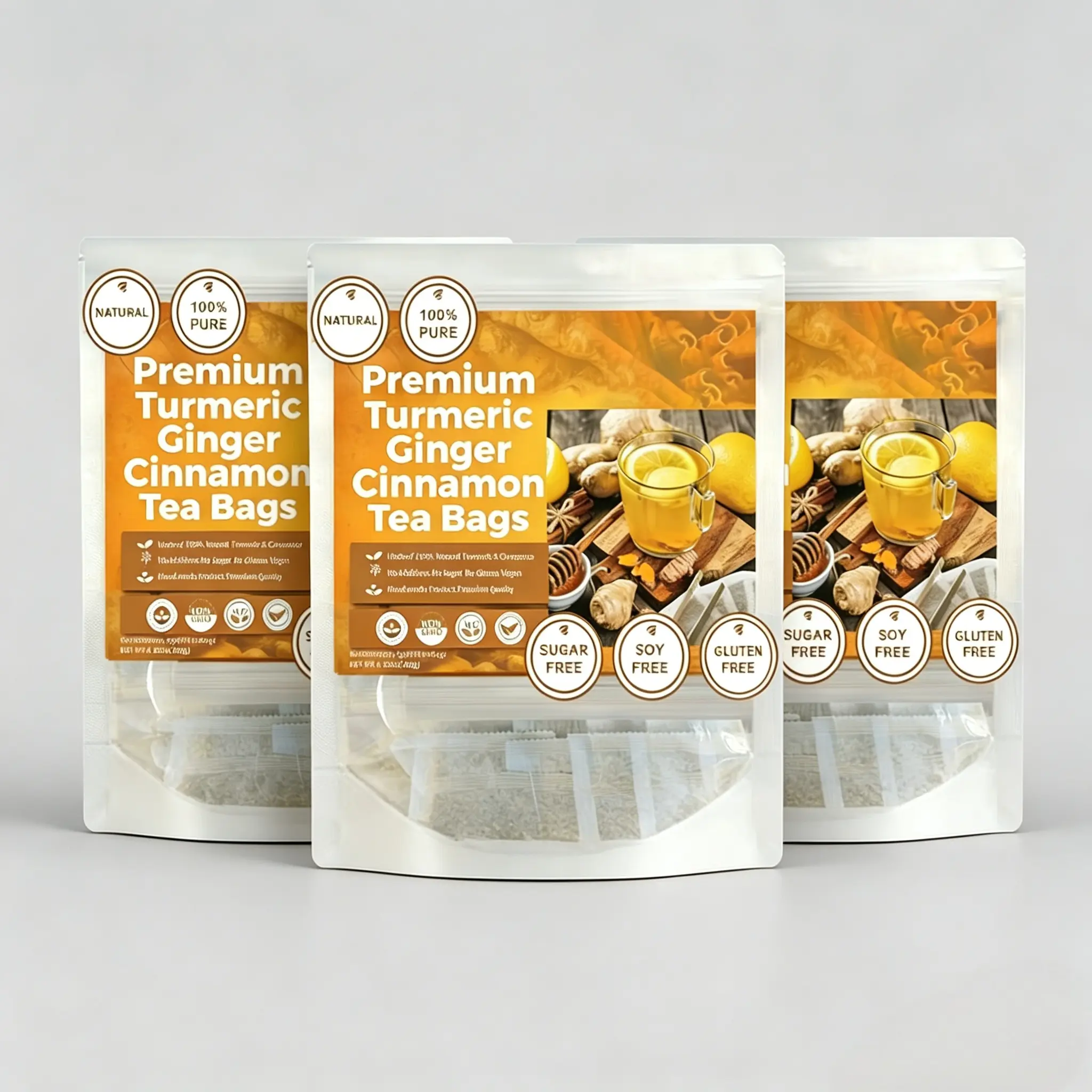 Premium Turmeric Ginger Cinnamon Tea Bags 60x3 – Herbal Blend for Everyday Drinking, Vegan Friendly