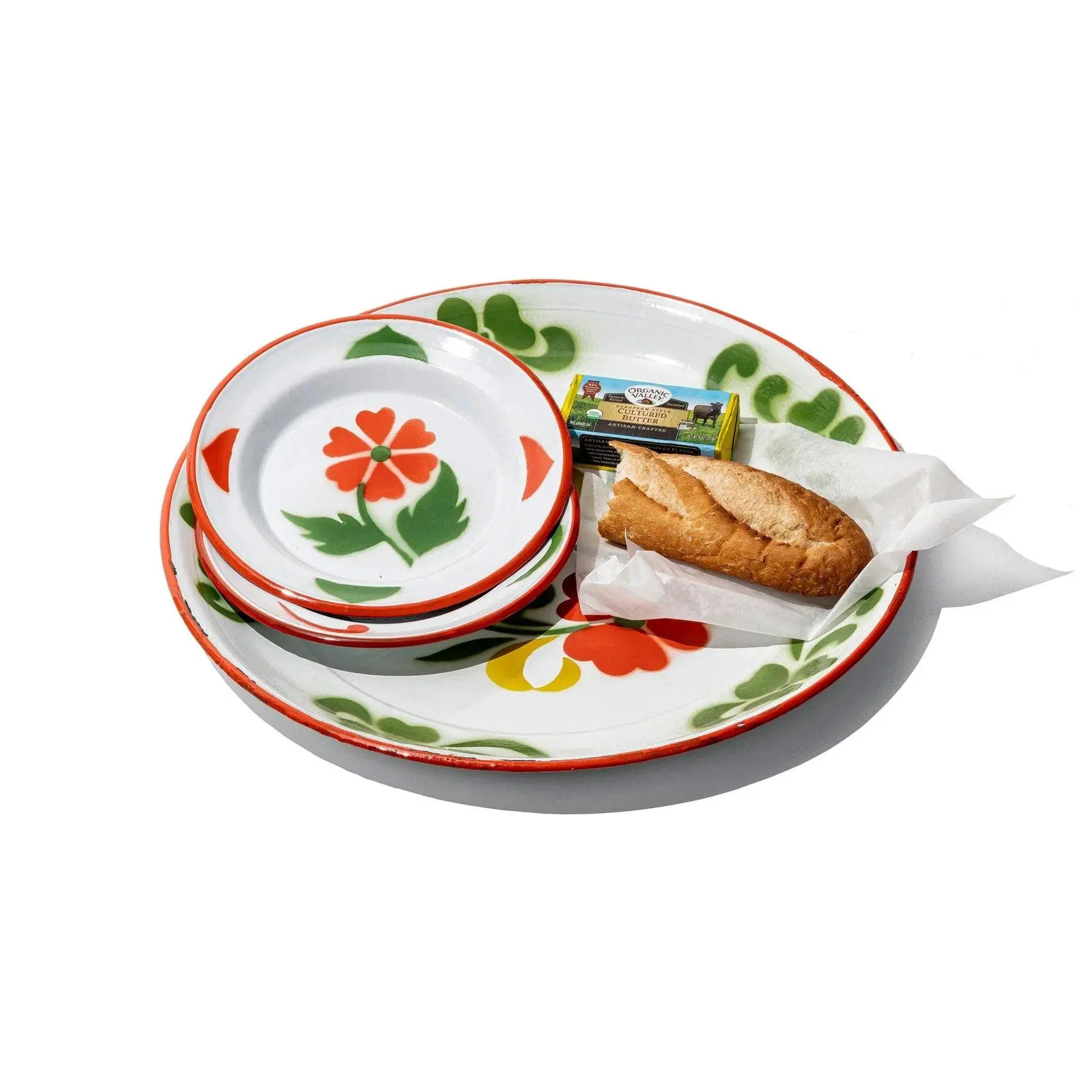 Upcycled Enamel Vintage Hand-Painted Flowers Print Tableware & Cutlery Serving Set - Small Assorted Sizes with Plates, Ideal for Casual Summer Dining, Kitchen Serving, Themed Kitchens, Camping
