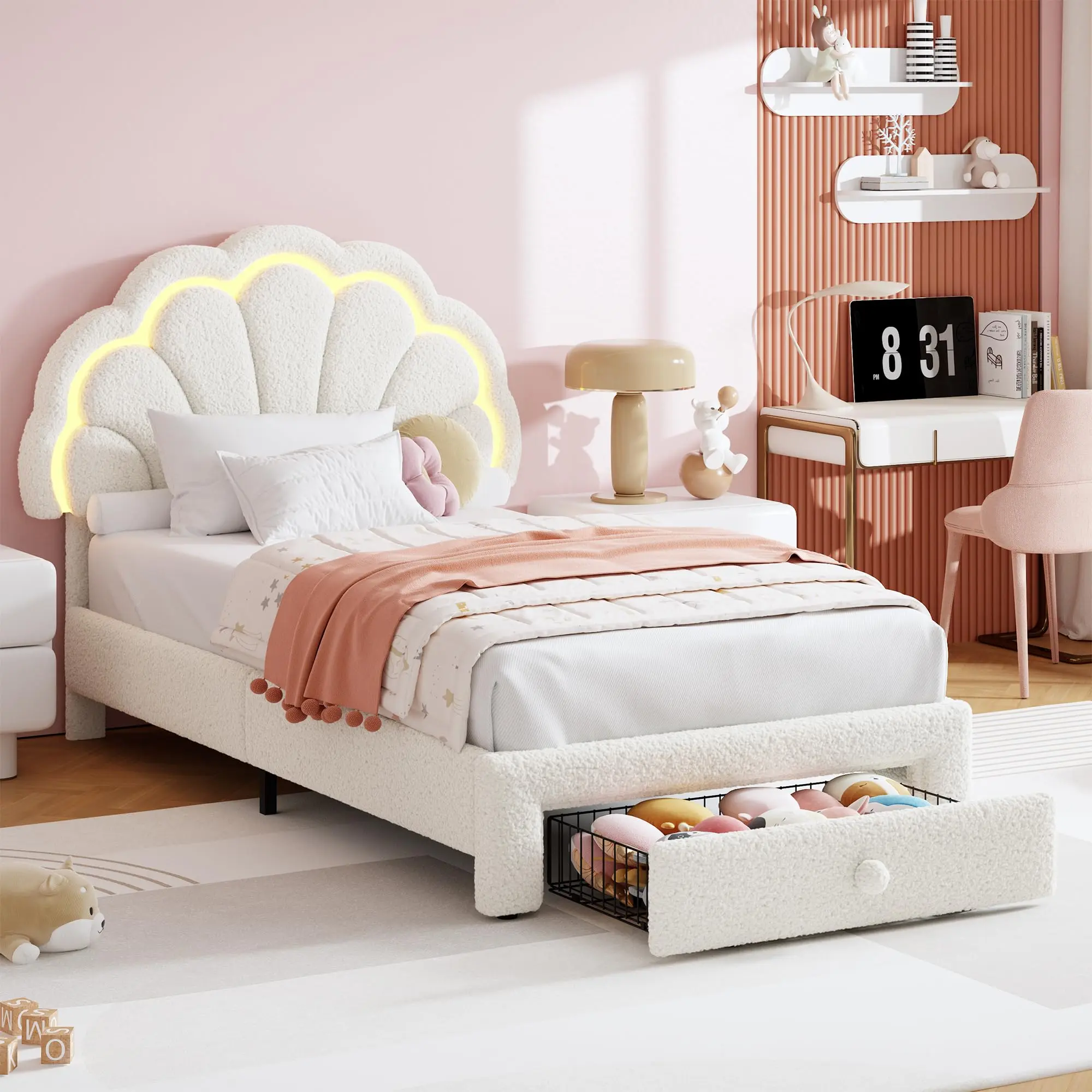 Garvee Twin Upholstered LED Bed Frame with Storage Drawer and Adjustable Chic Headboard, Berber Fleece Princess Platform Bed, Solid Wood Support, No Box Spring Needed, Easy Assembly, Beige