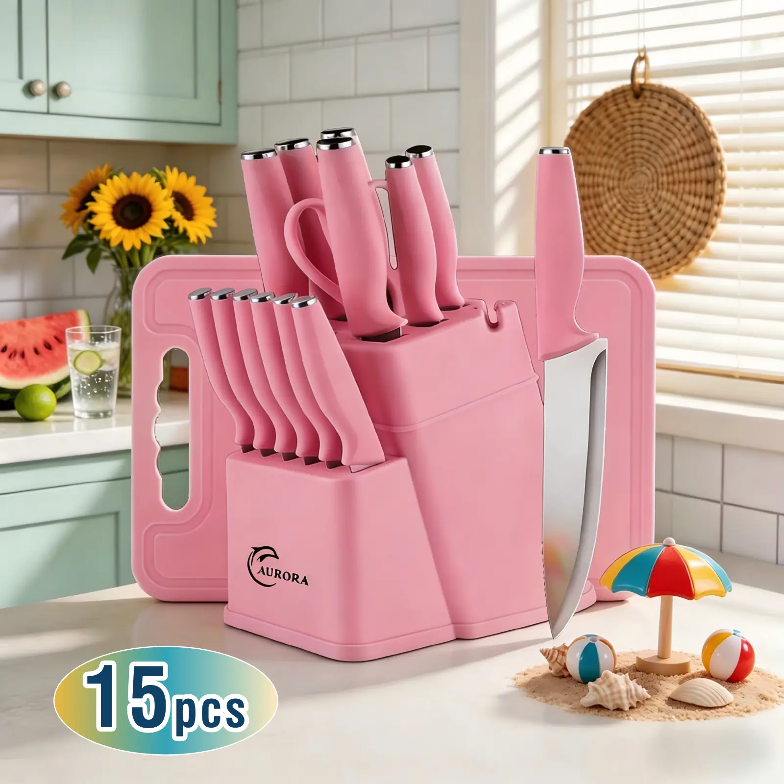 15-Piece Premium Stainless Steel Knives Set with Sharpener & Knife Block - 3 German Serrated Steak Blades, Rust-Resistant, Milky White/Black/Pink Options - Home Kitchen Cutting Tool