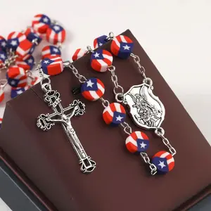Puerto Rico Flag Beaded Independence Day Cross Necklace, Prayer Baptism Rosary Necklace, For Teenager Meaningful Faith Design Cultural Fashionable Collarbone Chain autumn rapper link boat anchor Gold-Plated Crucifix