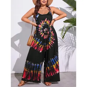 Plus Size Tie-Dye Printed Vest Jumpsuit, Summer Casual Bohemian Sleeveless Wide-Leg Jumpsuit, Women’s Everyday Wear GARMENTARY