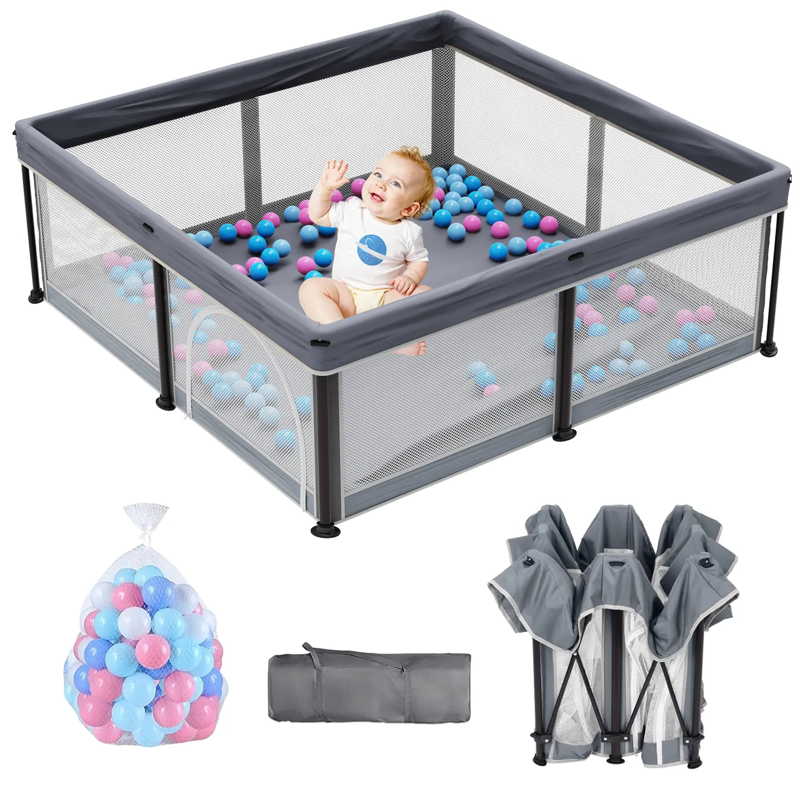 Foldable Baby Playpen for Babies and Toddlers, Large 50x50 Inch Portable Activity Center with Breathable Mesh, Zipper Gate, Mat & 50 Ocean Balls, Collapsible Play Pen For Babies, Playpen Play Yard Safety Play Yard #tiktokshopsummersale