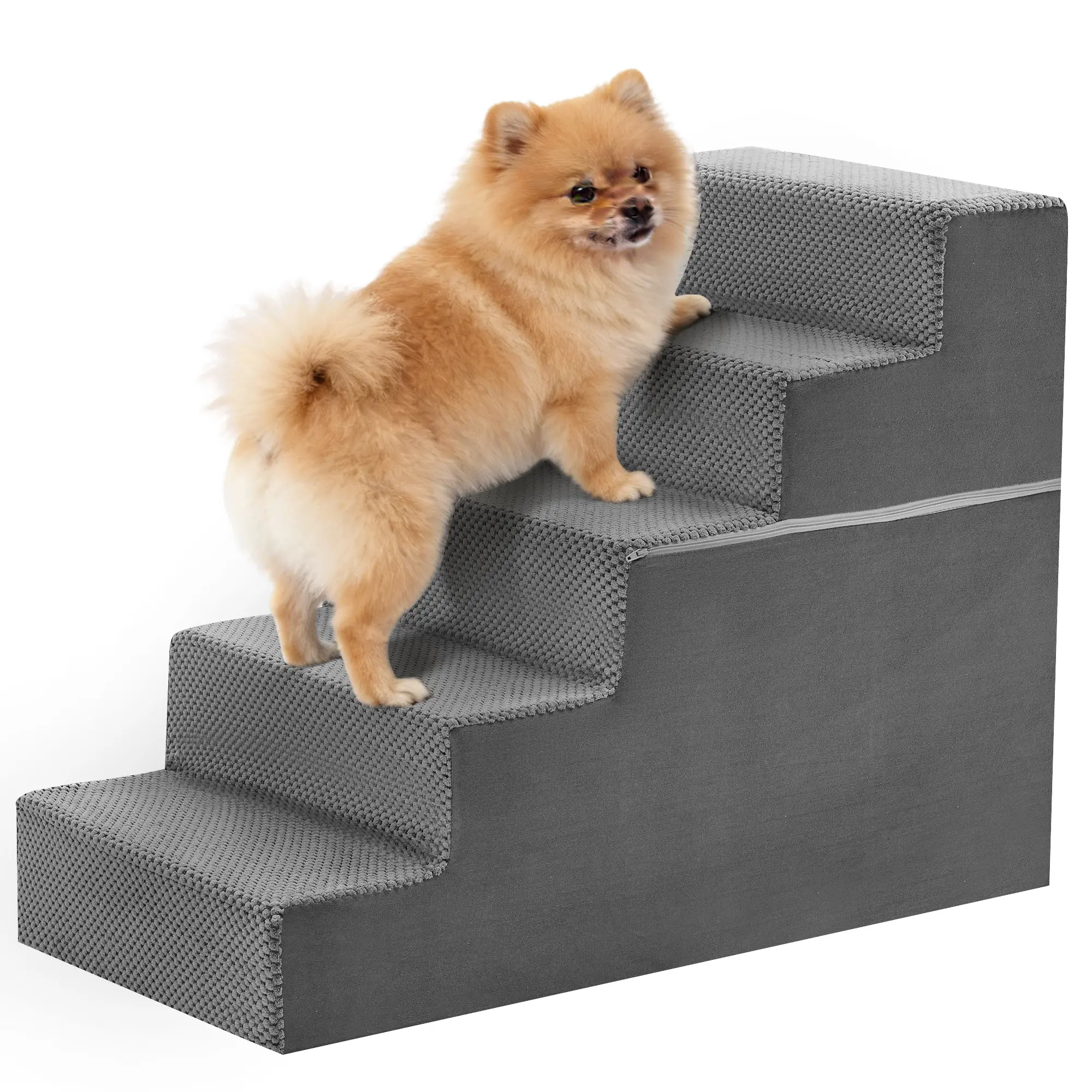 3-Step Curved Pet Stairs Ramp with High-Density Foam for Small Dogs & Older Cats, Indoor Pet Furniture for Couch, High Beds & Sofa Chairs, Grey, Curved Step Design