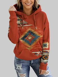Women's Relaxed Fit Aztec Print Hoodie, Bohemian Inspired Long Sleeve Casual Sweatshirt with Soft Fabric, Kangaroo Pocket and Drawstring for Everyday Wear