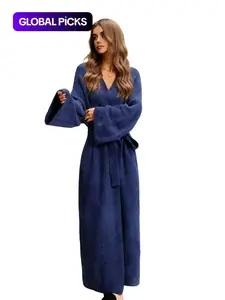 【COZY Soft Plush Feel】Women's Solid Color Thickened  Thermal Lined Long Sleeve Drop Shoulder Loungewear Bathrobe, Oversize Loose Casual Soft Comfortable Thermal Warm Pocket Belted V Neck Dressing Gown for Women, Ladies Sleepwear for Winter