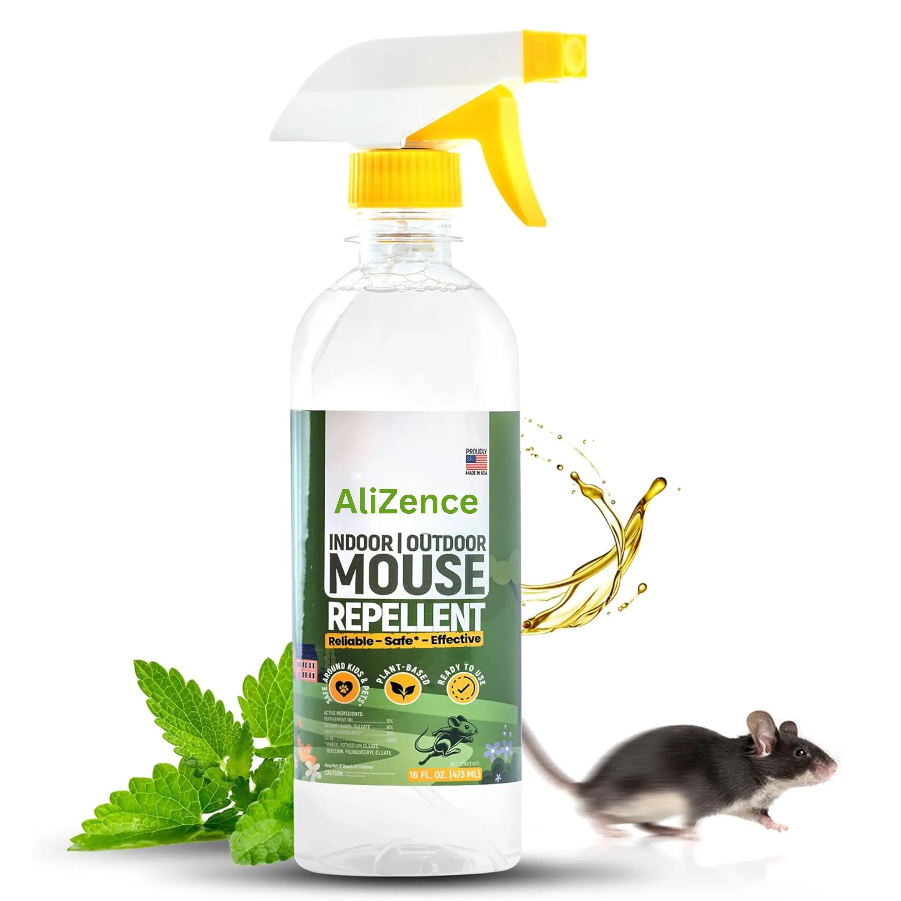 AliZence 16oz Peppermint Oil Mouse Repellent Spray - Pet-Safe Natural Mice Deterrent - Home & Car Engine Pest Control - Indoor Outdoor Use - Made in USA