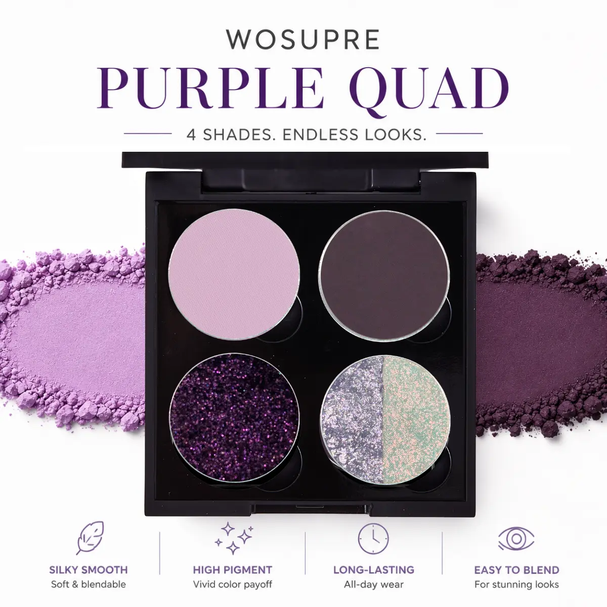 WOSUPRE Multi-Pack Glitter Eyeshadow Palette - Limited Edition Cool-Toned Purple Lavender Cosmetic, Pigment-Rich Smooth Multi-Finish, Diamond Glitter Bling Effect, Brightening Matte Option, Easy-Blend Long-Lasting for Adults' Chrome Polished Metal Looks