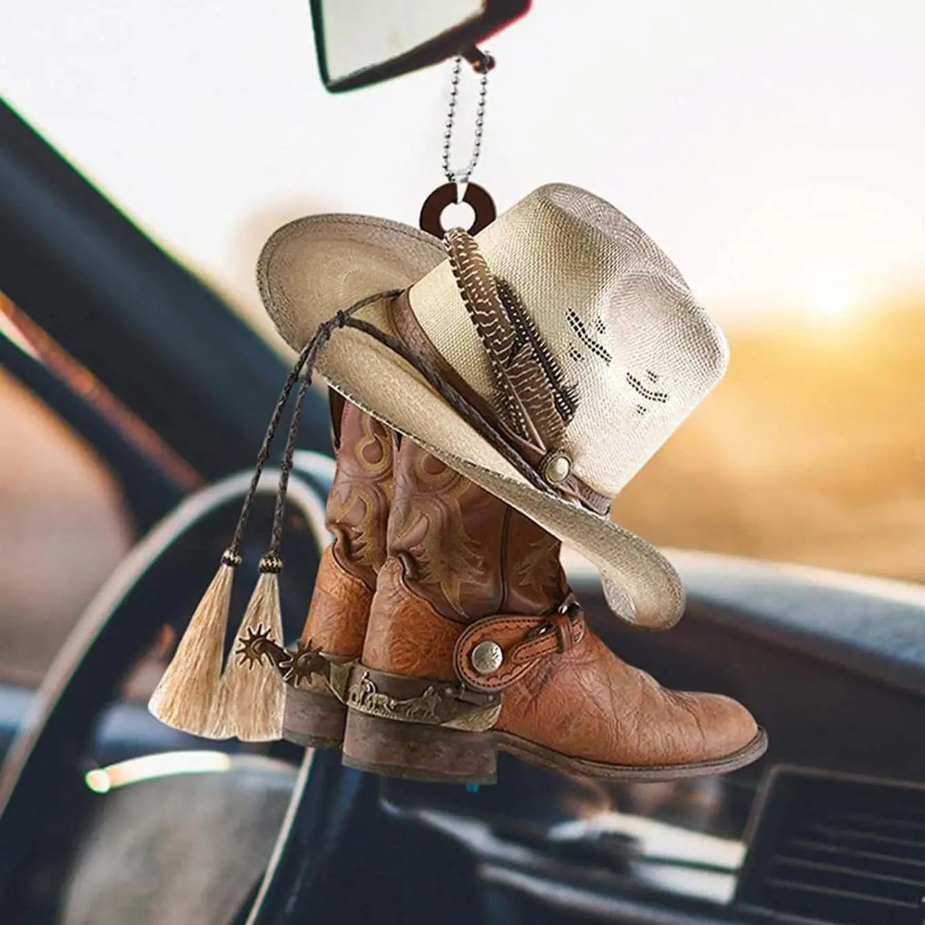 Vintage Cowboy Hat & Boots Design Acrylic Car Hanging Decoration with Chain, Car Rearview Mirror Pendant, Car Interior Decoration Accessories