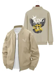 Men's Stand Collar Jacket, Crown King Letter Peace Dove Print Baseball Coat, High Street Casual Outerwear, All Seasons Loose-Fitting