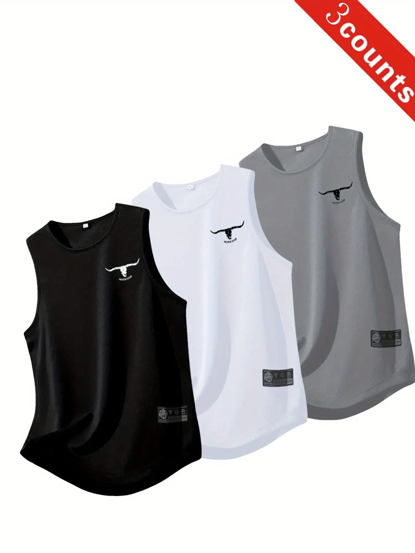 Men's Quick-Dry Sleeveless Sports Tank Top 3-Pack, fitness workout vest, Breathable Comfort Stretch Casual Shirt, Geometric Pattern Round Neck Training Wear, Sleeveless Gym Tops, Sportswear Tank Top