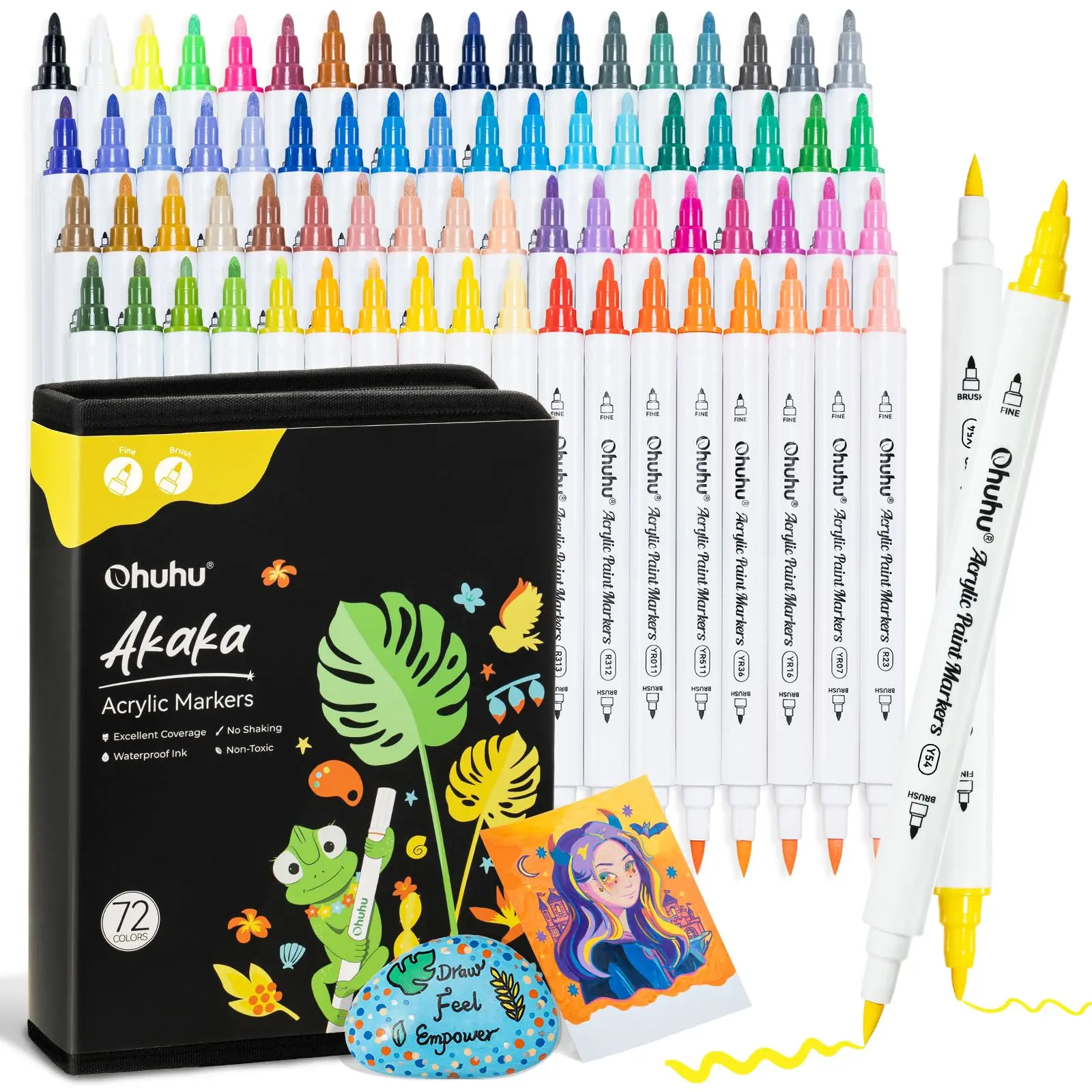 Ohuhu Acrylic Paint Markers: Brush & Fine Acrylic Markers - 72 Colors - Akaka | Dual Tips Acrylic Paint Pens High Opacity Water-Resistant for Rock Painting 3D Prints Egg Wood Glass Ceramic DIY Crafts - Akaka Series of Ohuhu